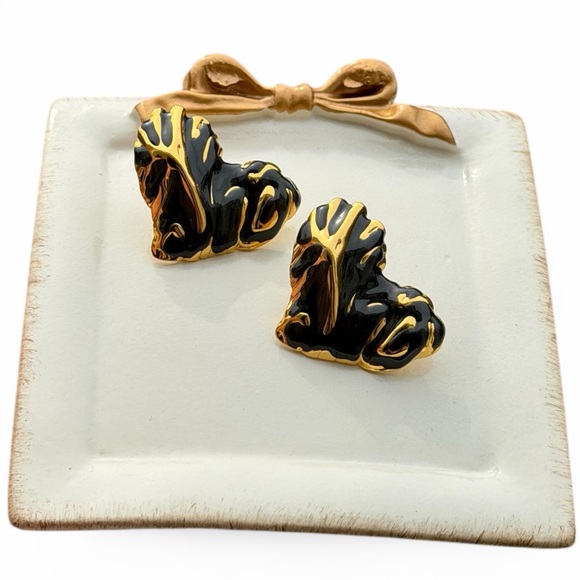 Anthropologie Jewelry - Gold and Black Heart Earrings